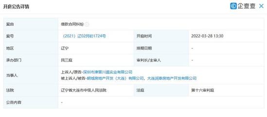 大連潤(rùn)泰房地產(chǎn)開(kāi)發(fā)新增開(kāi)庭公告 案由系借款合同糾紛