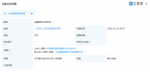 大連潤泰房地產開發(fā)新增開庭公告 案由系金融借款合同糾紛
